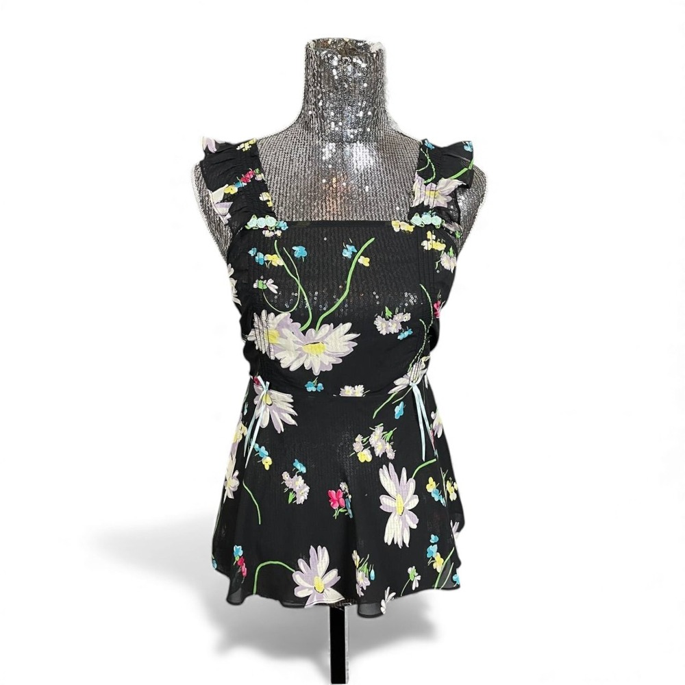 Y2K Betsey Johnson‎ Floral Sheer Babydoll Camisole Top Medium Black Romantic